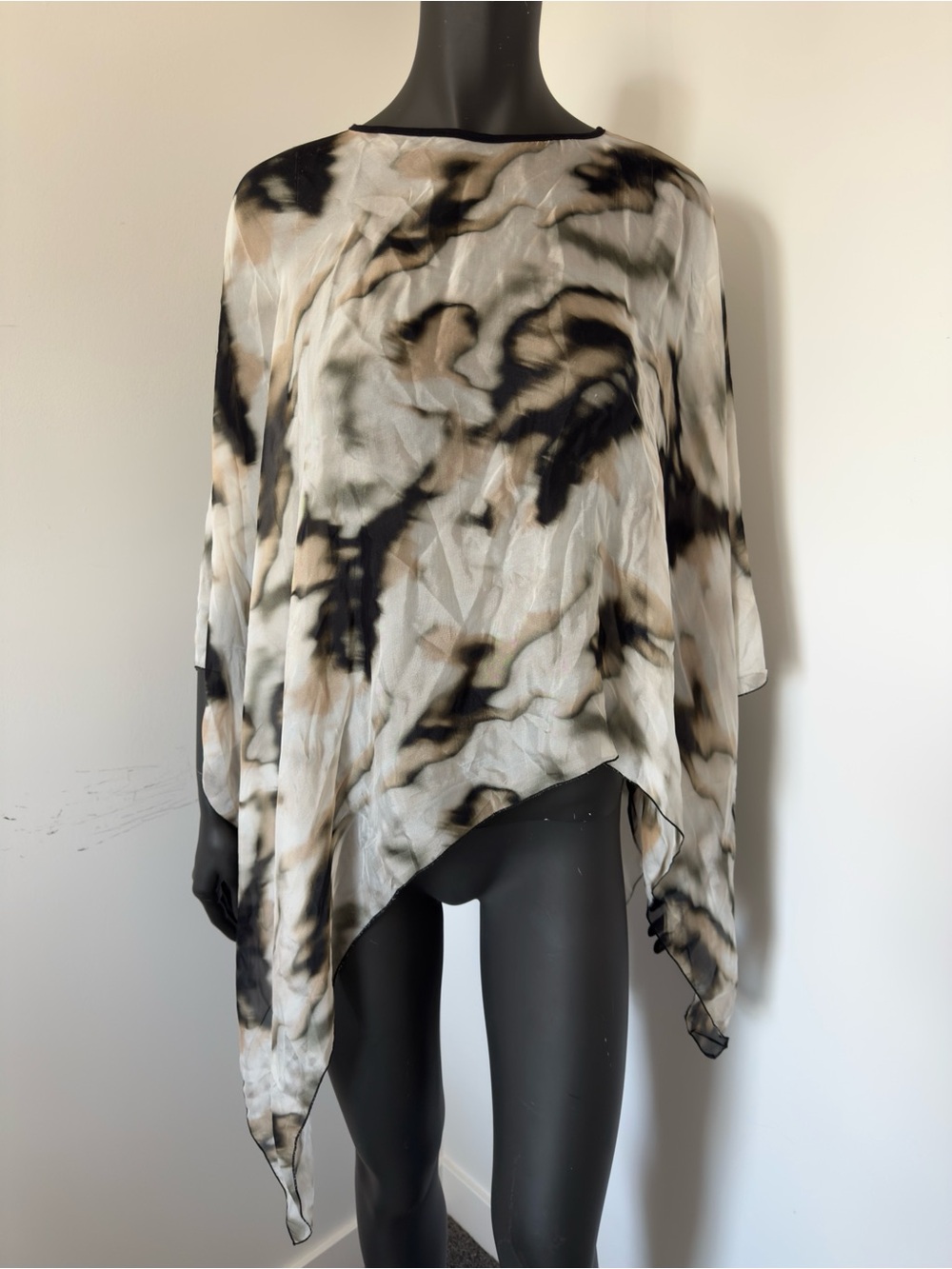 213. Italian Silk Blend Abstract Print Poncho - Black, Cream, Tan